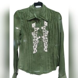 Y2K Kaleyn Max Olive Sheer Office Siren Distressed Top Women's S Dainty Romantic